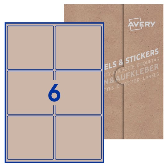 Hoja blanca con 6 etiquetas rectangulares 99x93mm con embalaje de papel