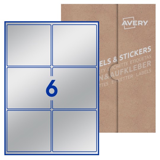 Hoja blanca con 6 etiquetas rectangulares 99x93mm con embalaje de papel