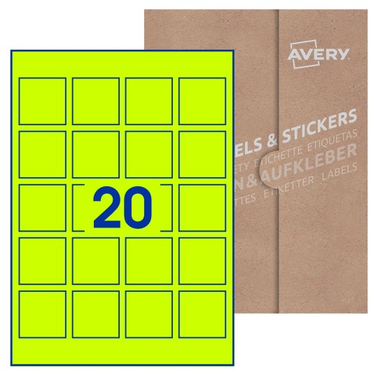 Hoja blanca con 20 etiquetas cuadradas de 45x45mm con embalaje de papel