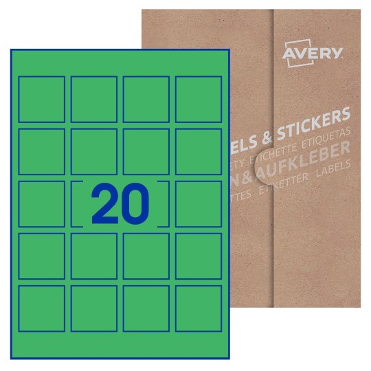 Hoja blanca con 20 etiquetas cuadradas de 45x45mm con embalaje de papel