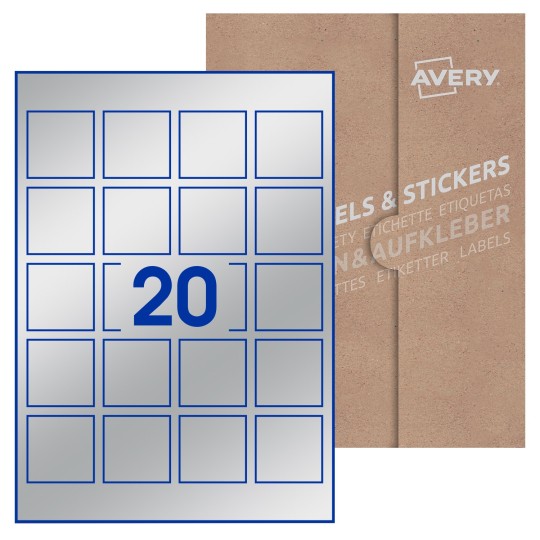 Hoja blanca con 20 etiquetas cuadradas de 45x45mm con embalaje de papel