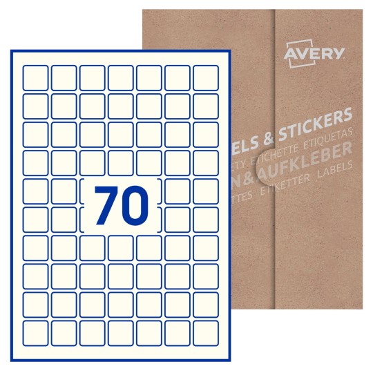 Hoja blanca con 70 etiquetas cuadradas de 25x25 mm con embalaje de papel