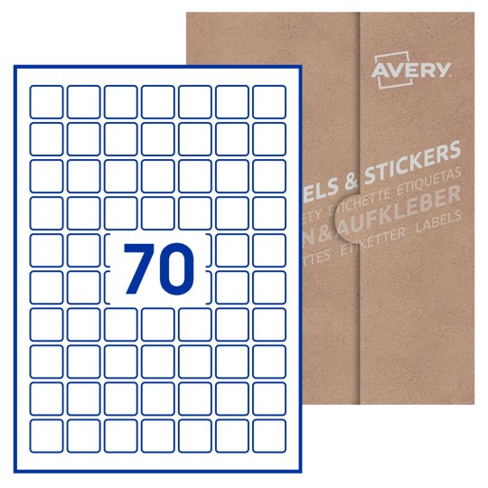 Hoja blanca con 70 etiquetas cuadradas de 25x25 mm con embalaje de papel