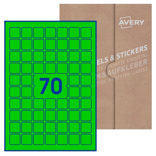 Hoja blanca con 70 etiquetas cuadradas de 25x25 mm con embalaje de papel