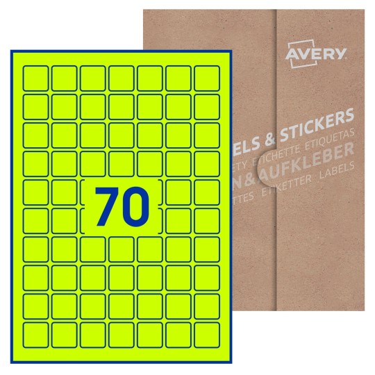 Hoja blanca con 70 etiquetas cuadradas de 25x25 mm con embalaje de papel