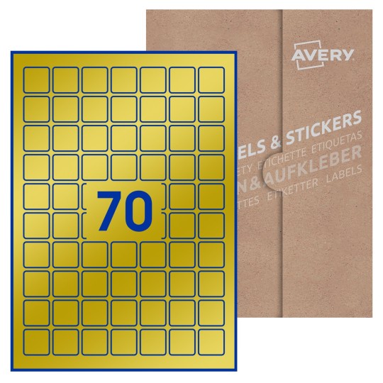Hoja blanca con 70 etiquetas cuadradas de 25x25 mm con embalaje de papel