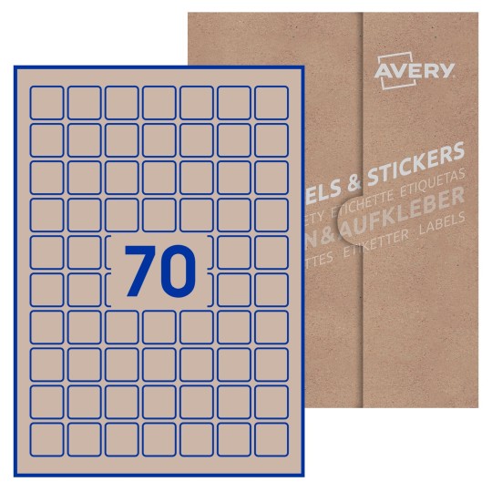 Hoja blanca con 70 etiquetas cuadradas de 25x25 mm con embalaje de papel