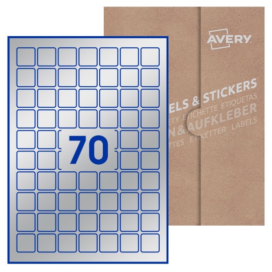 Hoja blanca con 70 etiquetas cuadradas de 25x25 mm con embalaje de papel