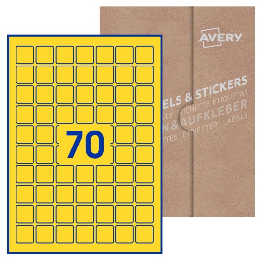Hoja blanca con 70 etiquetas cuadradas de 25x25 mm con embalaje de papel