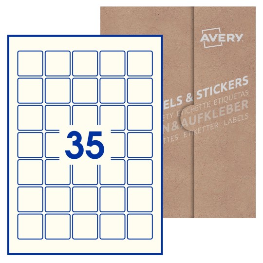 Hoja blanca con 35 etiquetas cuadradas de 35x35 mm con embalaje de papel