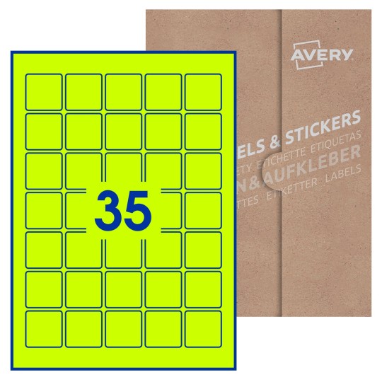 Hoja blanca con 35 etiquetas cuadradas de 35x35 mm con embalaje de papel