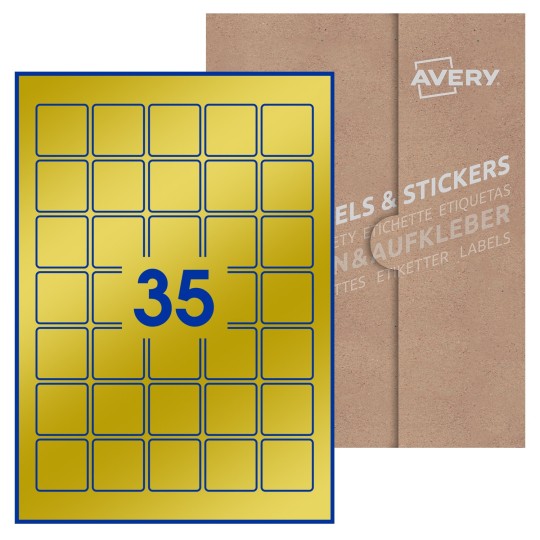 Hoja blanca con 35 etiquetas cuadradas de 35x35 mm con embalaje de papel