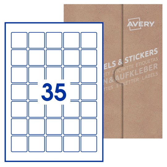 Hoja blanca con 35 etiquetas cuadradas de 35x35 mm con embalaje de papel