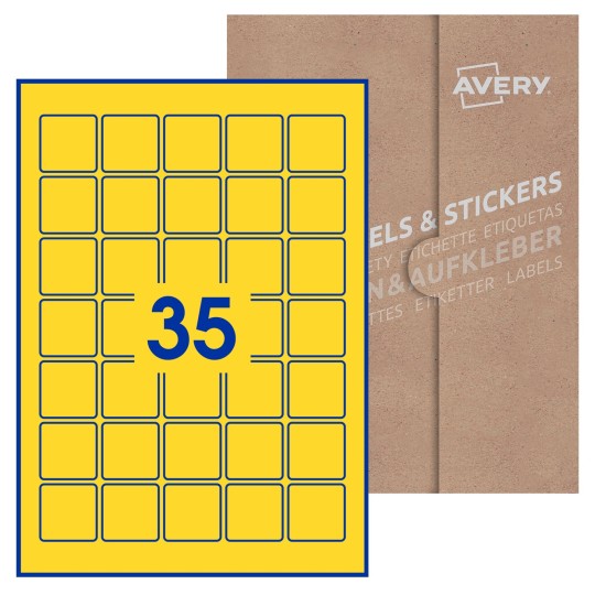Hoja blanca con 35 etiquetas cuadradas de 35x35 mm con embalaje de papel
