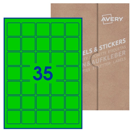 Hoja blanca con 35 etiquetas cuadradas de 37x37 mm con embalaje de papel