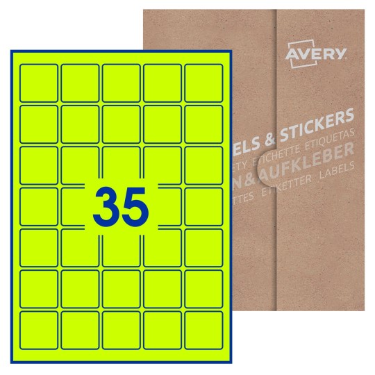 Hoja blanca con 35 etiquetas cuadradas de 37x37 mm con embalaje de papel
