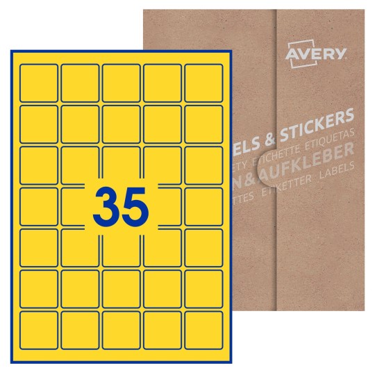 Hoja blanca con 35 etiquetas cuadradas de 37x37 mm con embalaje de papel