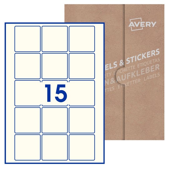 Hoja blanca con 15 etiquetas cuadradas de 55x55mm con embalaje de papel