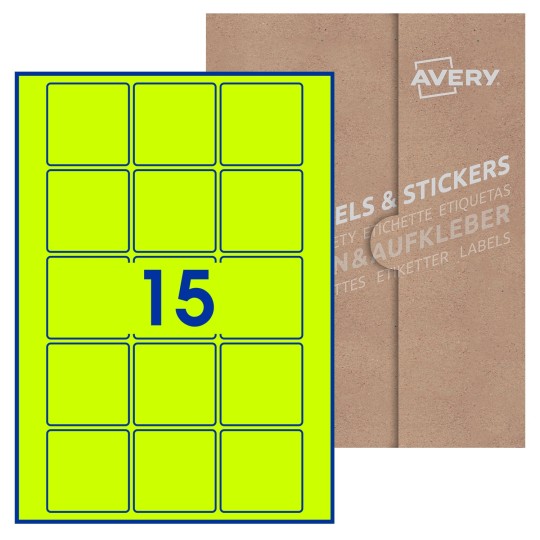 Hoja blanca con 15 etiquetas cuadradas de 55x55mm con embalaje de papel