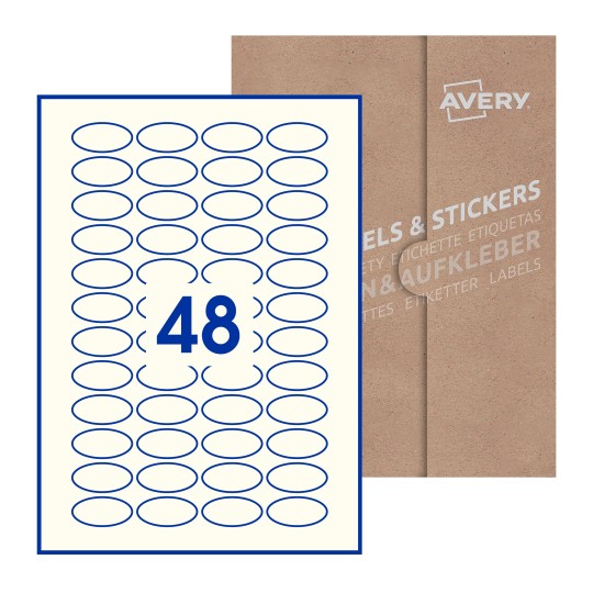 Hoja blanca con 48 etiquetas ovaladas 40x20mm con embalaje de papel - Etiquetas adhesivas ovaladas Avery 40 x 20mm