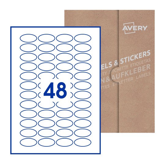 Hoja blanca con 48 etiquetas ovaladas 40x20mm con embalaje de papel - Etiquetas adhesivas ovaladas Avery 40 x 20mm