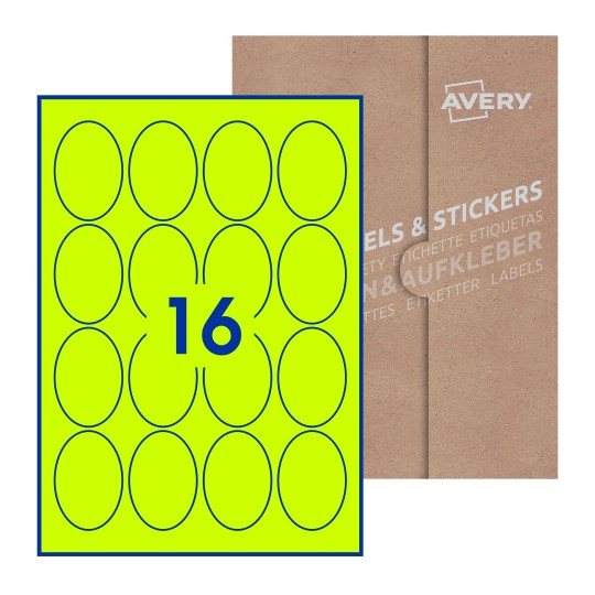 Hoja blanca con 16 etiquetas ovaladas 45x65mm con embalaje de papel - Etiquetas adhesivas ovaladas Avery 45 x 65mm