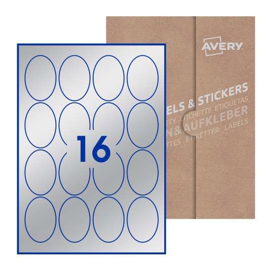 Hoja blanca con 16 etiquetas ovaladas 45x65mm con embalaje de papel - Etiquetas adhesivas ovaladas Avery 45 x 65mm
