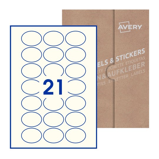 Hoja blanca con 21 etiquetas ovaladas 50x37mm con embalaje de papel - Etiquetas adhesivas ovaladas Avery 50 x 37mm
