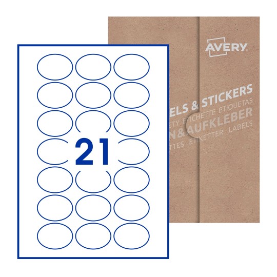 Hoja blanca con 21 etiquetas ovaladas 50x37mm con embalaje de papel - Etiquetas adhesivas ovaladas Avery 50 x 37mm