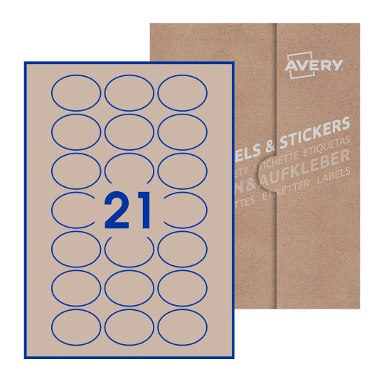 Hoja blanca con 21 etiquetas ovaladas 50x37mm con embalaje de papel - Etiquetas adhesivas ovaladas Avery 50 x 37mm
