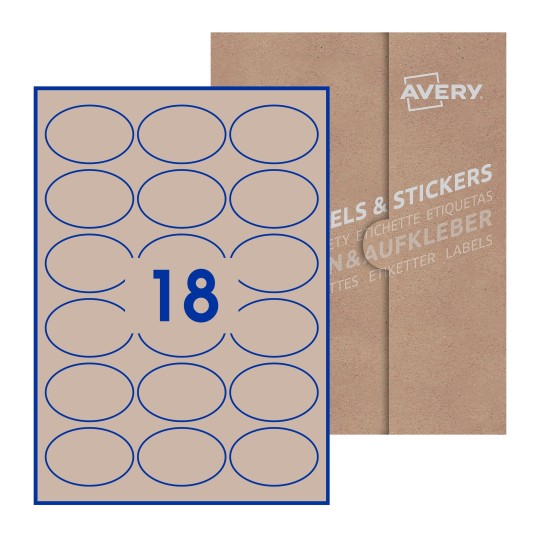 Hoja blanca con 16 etiquetas ovaladas 64x42mm con embalaje de papel - Etiquetas adhesivas ovaladas Avery 64 x 42mm