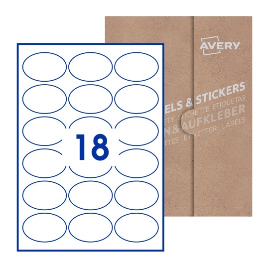 Hoja blanca con 16 etiquetas ovaladas 64x42mm con embalaje de papel - Etiquetas adhesivas ovaladas Avery 64 x 42mm