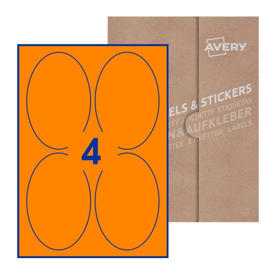 Hoja blanca con 4 etiquetas ovaladas 90x136mm con embalaje de papel - Etiquetas adhesivas ovaladas Avery 90 x 136mm
