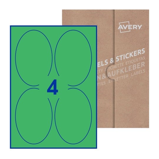 Hoja blanca con 4 etiquetas ovaladas 90x136mm con embalaje de papel - Etiquetas adhesivas ovaladas Avery 90 x 136mm