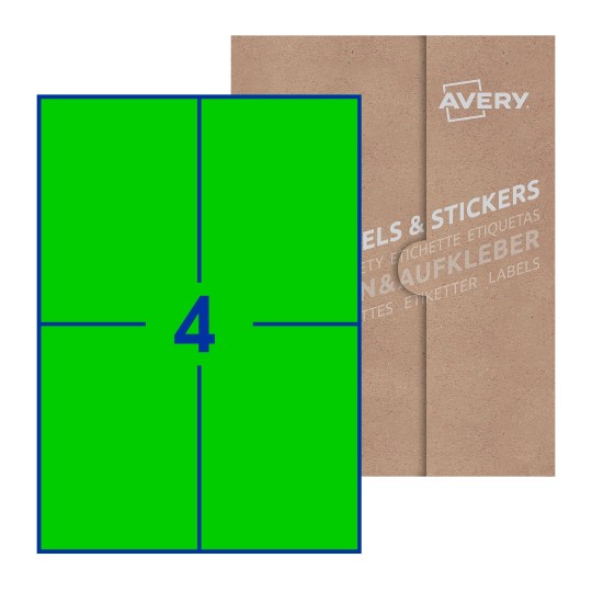 Hoja blanca con 4 etiquetas rectangulares 105x148mm con embalaje de papel - Etiquetas adhesivas rectangulares Avery 105 x 148mm