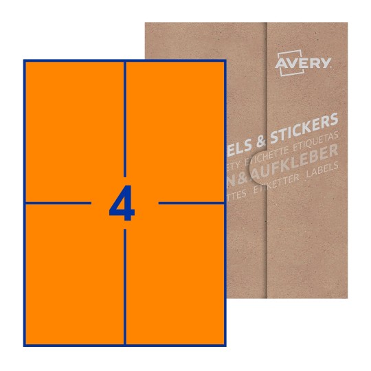 Hoja blanca con 4 etiquetas rectangulares 105x148mm con embalaje de papel - Etiquetas adhesivas rectangulares Avery 105 x 148mm