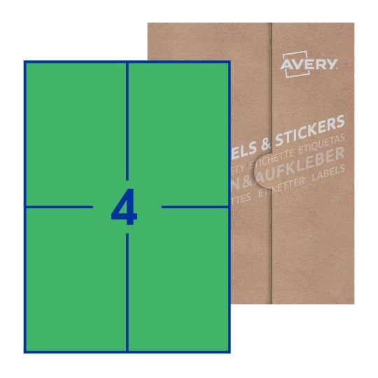 Hoja blanca con 4 etiquetas rectangulares 105x148mm con embalaje de papel - Etiquetas adhesivas rectangulares Avery 105 x 148mm