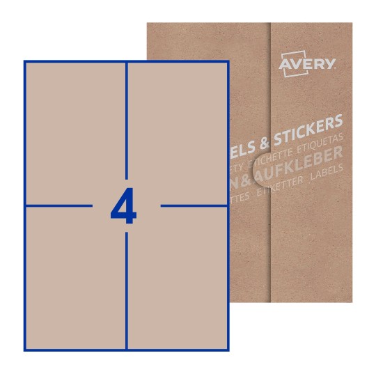Hoja blanca con 4 etiquetas rectangulares 105x148mm con embalaje de papel - Etiquetas adhesivas rectangulares Avery 105 x 148mm