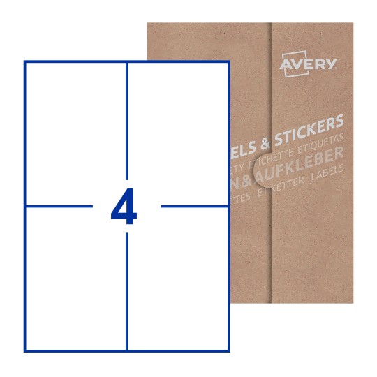 Hoja blanca con 4 etiquetas rectangulares 105x148mm con embalaje de papel - Etiquetas adhesivas rectangulares Avery 105 x 148mm