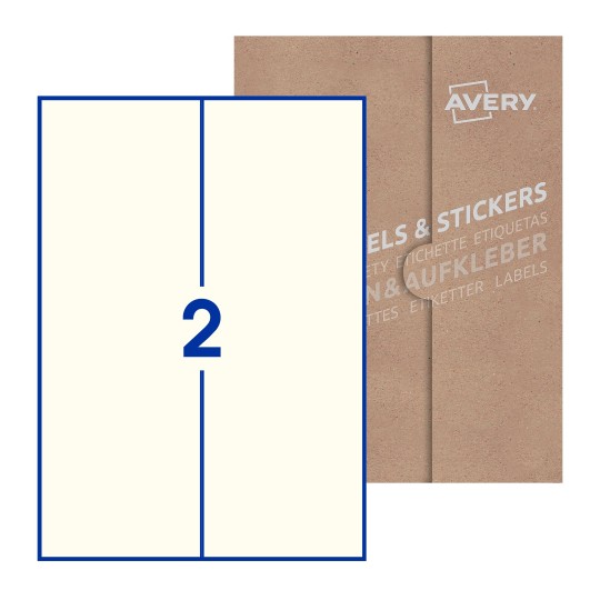 Hoja blanca con 2 etiquetas rectangulares 105x297mm con embalaje de papel - Etiquetas adhesivas rectangulares Avery 105 x 297mm
