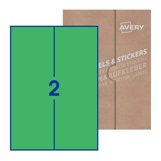 Hoja blanca con 2 etiquetas rectangulares 105x297mm con embalaje de papel - Etiquetas adhesivas rectangulares Avery 105 x 297mm