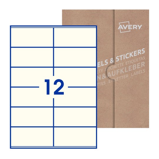 Hoja blanca con 12 etiquetas rectangulares 105x48mm con embalaje de papel - Etiquetas adhesivas rectangulares 105 x 48 mm 