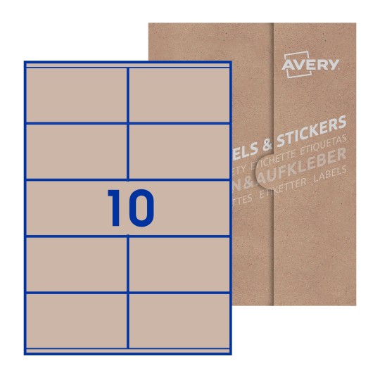 Hoja blanca con 10 etiquetas rectangulares 105x57mm con embalaje de papel - Etiquetas adhesivas rectangulares Avery 105 x 57mm