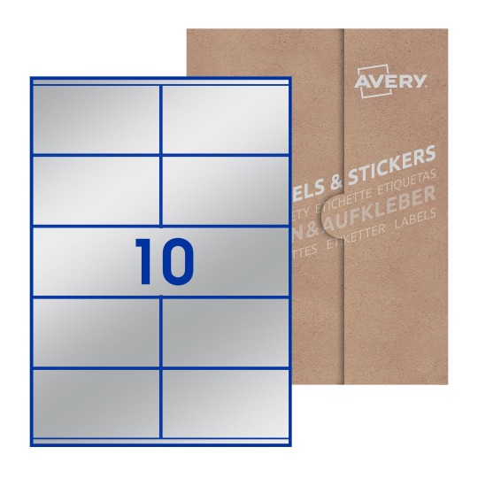 Hoja blanca con 10 etiquetas rectangulares 105x57mm con embalaje de papel - Etiquetas adhesivas rectangulares Avery 105 x 57mm