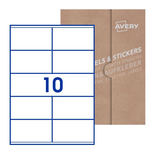 Hoja blanca con 10 etiquetas rectangulares 105x57mm con embalaje de papel - Etiquetas adhesivas rectangulares Avery 105 x 57mm
