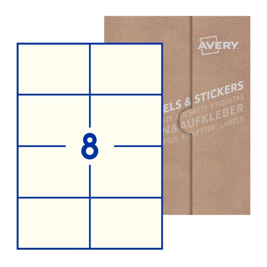 Hoja blanca con 8 etiquetas rectangulares 105x74mm con embalaje de papel - Etiquetas adhesivas rectangulares Avery 105 x 74mm
