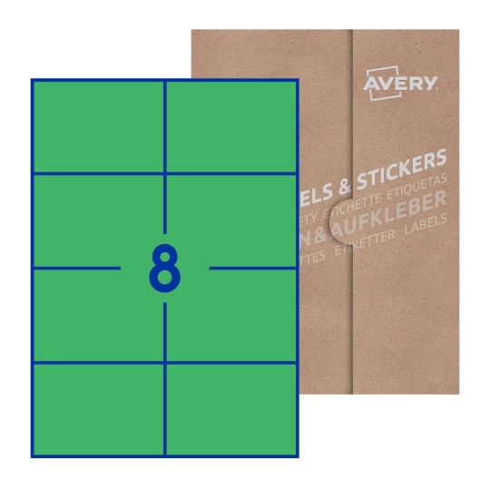 Hoja blanca con 8 etiquetas rectangulares 105x74mm con embalaje de papel - Etiquetas adhesivas rectangulares Avery 105 x 74mm