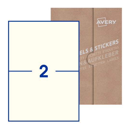 Hoja blanca con 2 etiquetas rectangulares 210x148mm con embalaje de papel - Etiquetas adhesivas rectangulares Avery 210 x 148mm