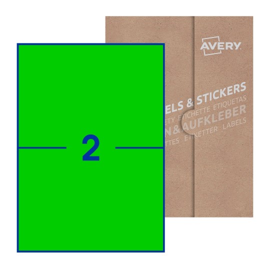 Hoja blanca con 2 etiquetas rectangulares 210x148mm con embalaje de papel - Etiquetas adhesivas rectangulares Avery 210 x 148mm