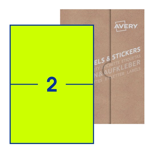 Hoja blanca con 2 etiquetas rectangulares 210x148mm con embalaje de papel - Etiquetas adhesivas rectangulares Avery 210 x 148mm